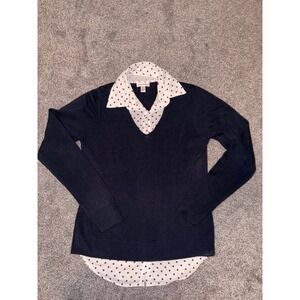 Croft & Barrow Navy Blue‎ & White Polka Dot V-Neck Pullover Sweater